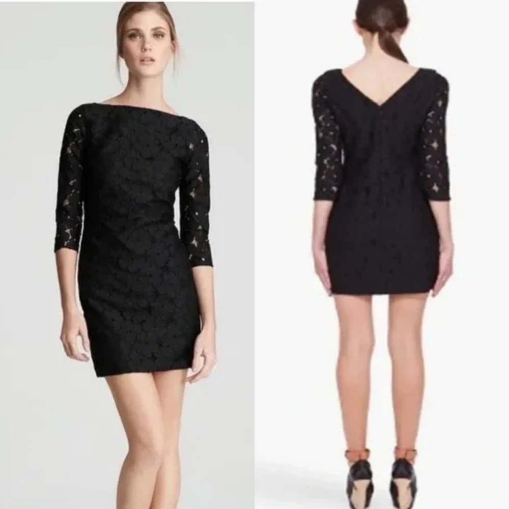 DVF Sarita Black Lace Sheath Dress 3/4 Sleeve Cocktail Party Size 12